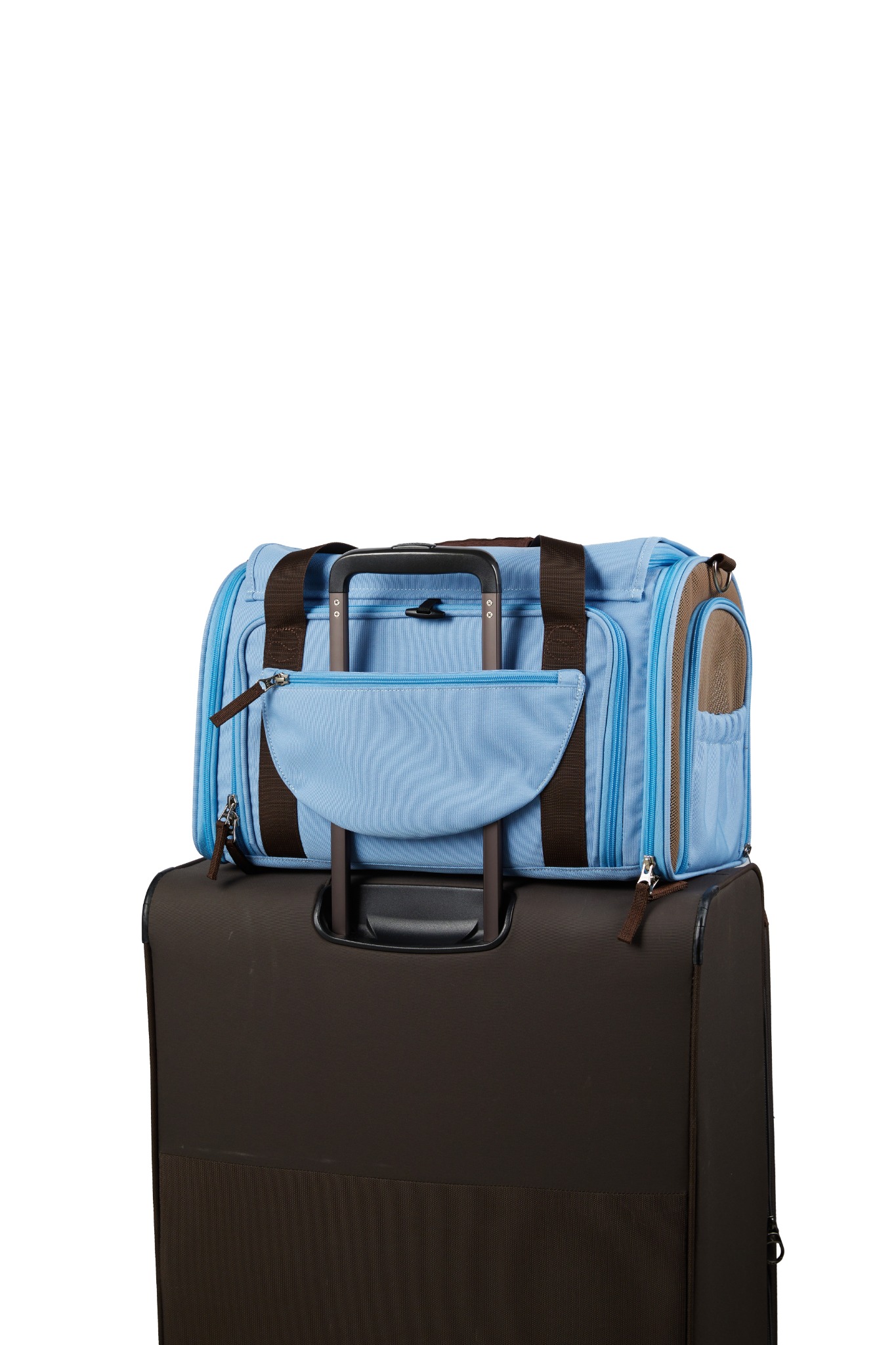 Rear view of the blue Wander Meow carrier fitted over a suitcase handle through its luggage sleeve.