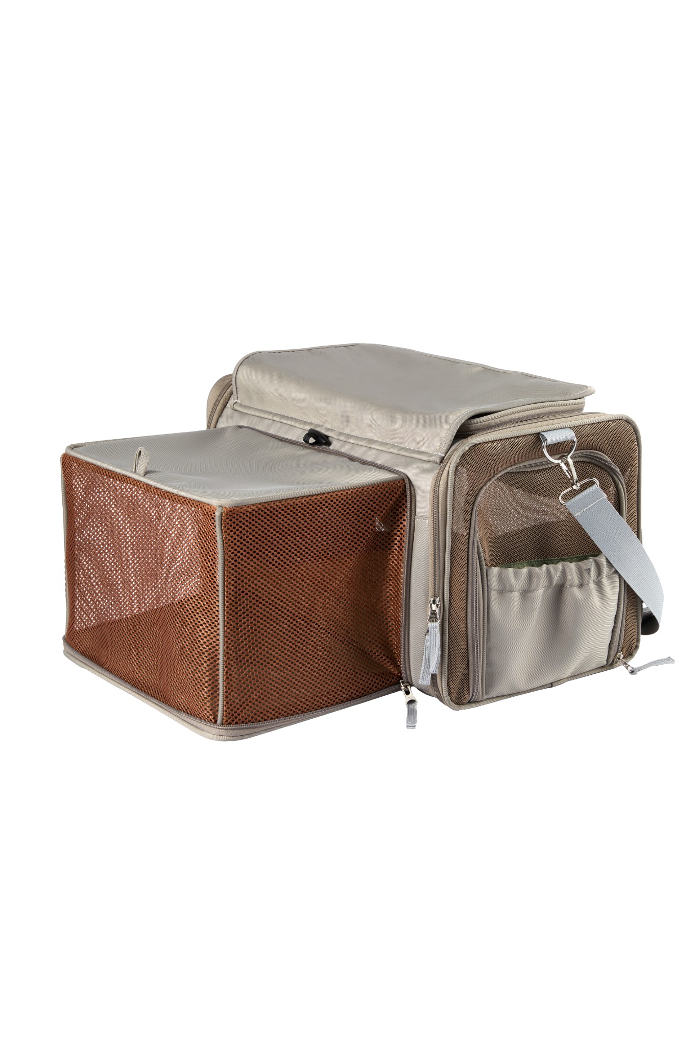 Rear three-quarter view of the gray Wander Meow carrier with its mesh rest area expanded and shoulder strap visible against a white studio background.